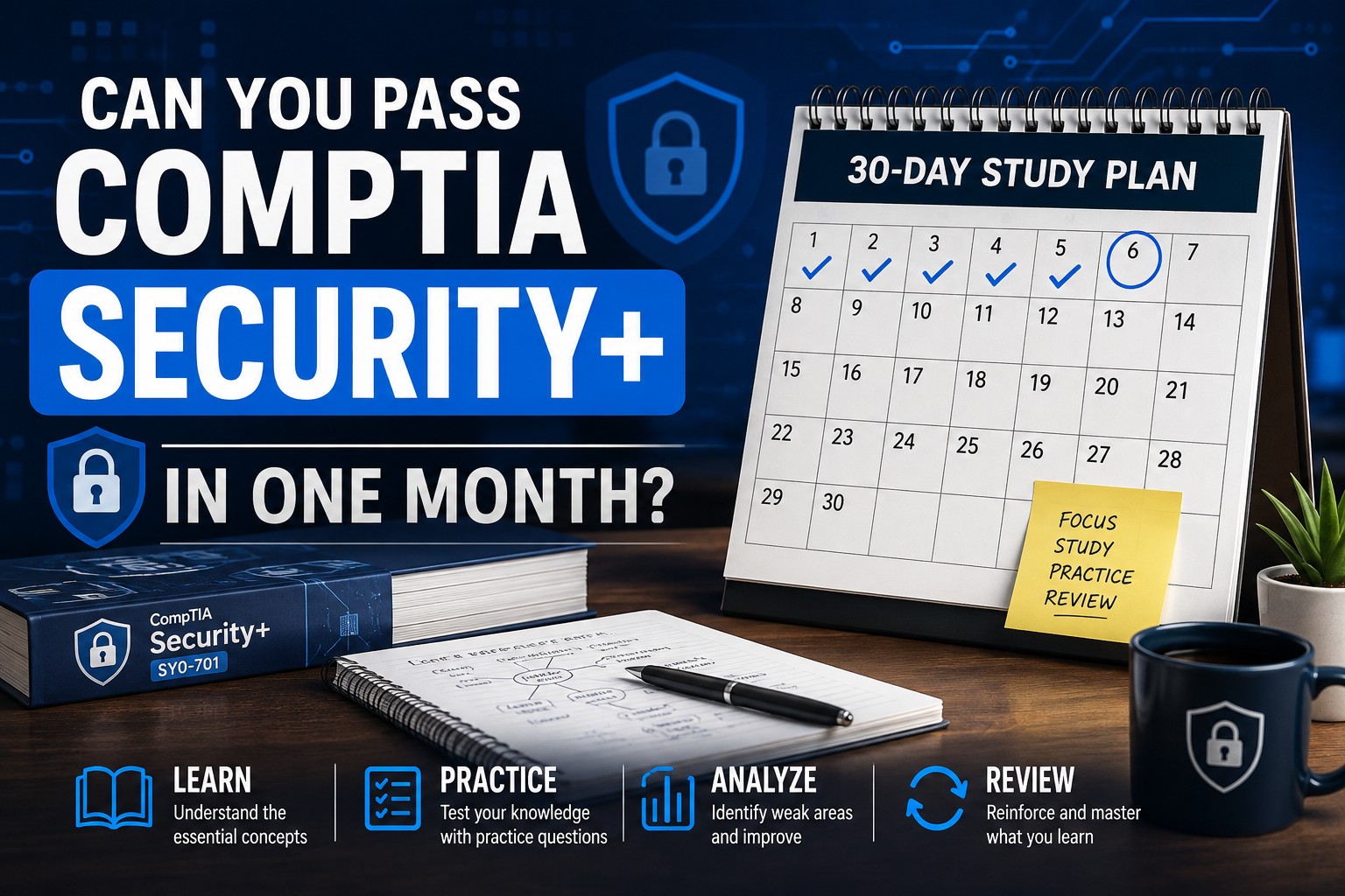 CompTIA Security+ 30-day study plan with a Security+ SY0-701 calendar